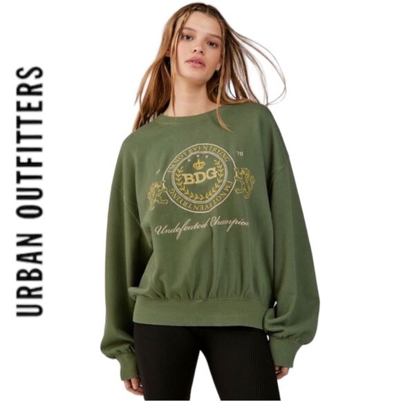 NEW BDG Urban Outfitters UO Crest Embroidered Green Pullover Sweatshirt L - Picture 2 of 4